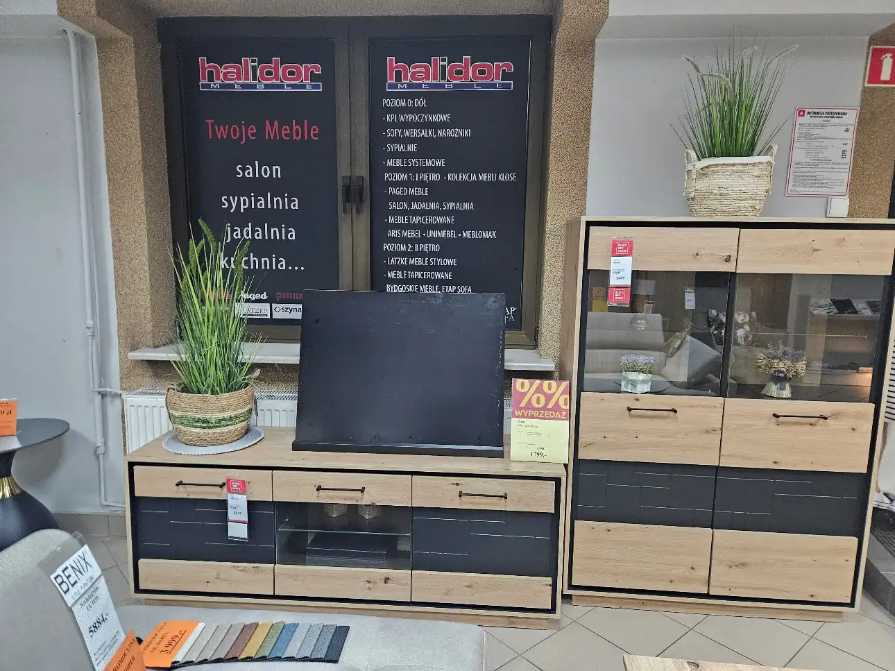 Komplet mebli PONT DĄB ARTISAN: szafka RTV +witryna BLACK RED WHITE