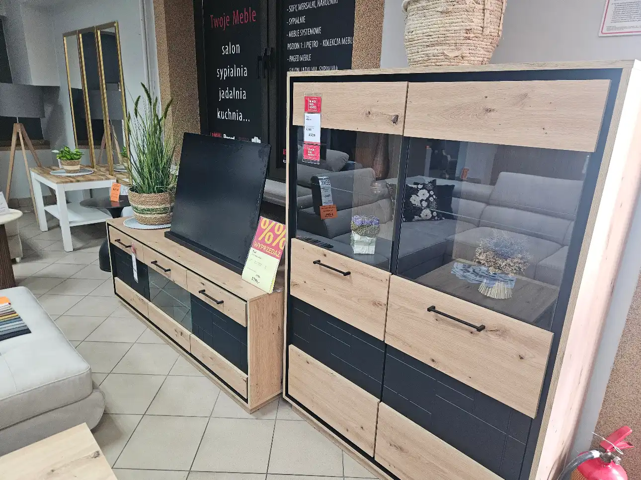 Komplet mebli PONT DĄB ARTISAN: szafka RTV +witryna BLACK RED WHITE