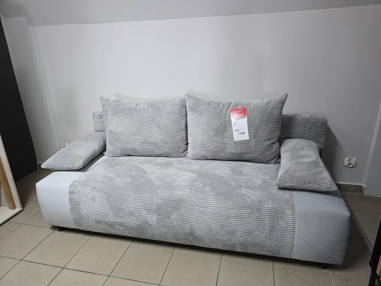 Black Red White Sofa GAPI kanapa z funkcją spania DL i pojemnikiem na pościel welur szara