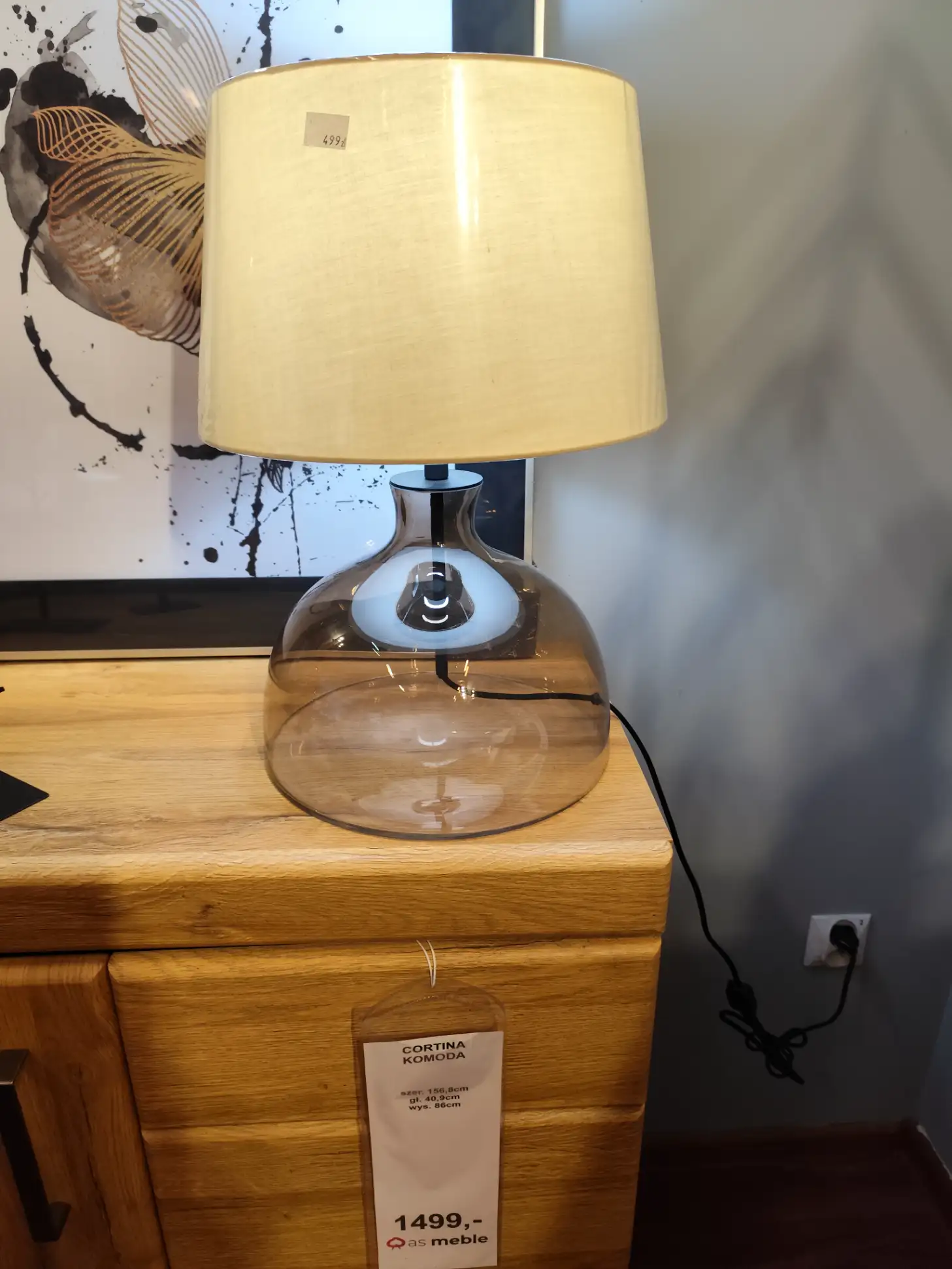 Szklana lampa stołowa HAGA beżowa z białym abażurem