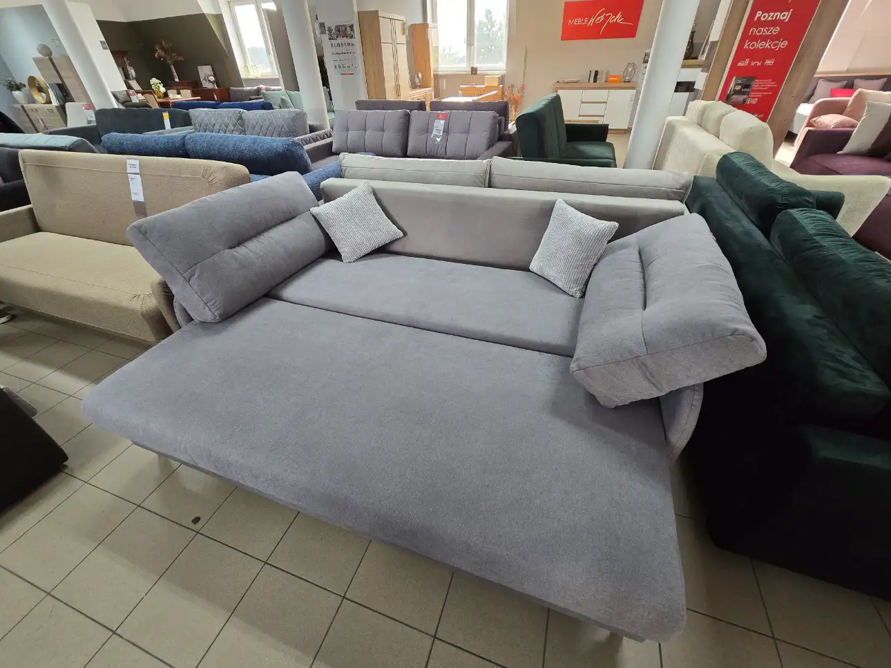 Black Red White Sofa VERTO kanapa z funkcją spania i pojemnikiem szara
